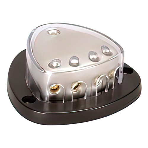 Gold Distribution Block with (1) 4 AWG input and (4) 8 AWG outputs, Triangular Shape 1 Pc. Gold Distribution Block with (1) 4 AWG input and (4) 8 AWG outputs, Triangular Shape 1 Pc.
