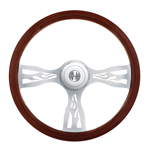 18" Flame Style Wood Steering Wheel With Hub & Horn Button Kit For Peterbilt (2006+) & Kenworth (2003+) 18" Flame Style Wood Steering Wheel With Hub & Horn Button Kit For Peterbilt (2006+) & Kenworth (2003+)