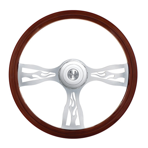 18" Chrome Flame Steering Wheel With Hub & Horn Button Kit For Peterbilt (1998-2005) & Kenworth (2001-2002) 18" Chrome Flame Steering Wheel With Hub & Horn Button Kit For Peterbilt (1998-2005) & Kenworth (2001-2002)