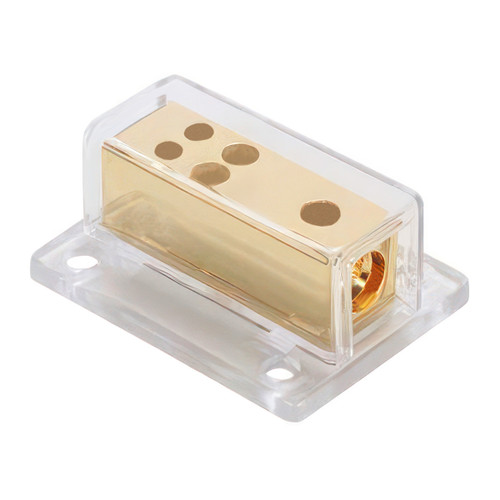 Gold Distribution Block with (1) 4 AWG input and (4) 8 AWG outputs, Rectangular Shape 1 Pc. Gold Distribution Block with (1) 4 AWG input and (4) 8 AWG outputs, Rectangular Shape 1 Pc.