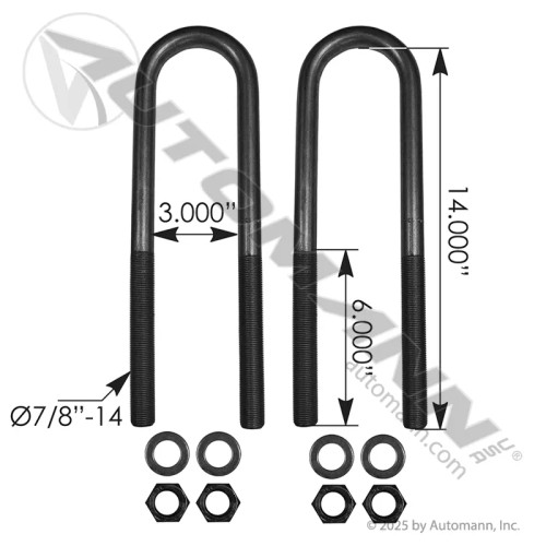 Heavy Duty U Bolt Kit 7/8" x 3" x 14" - Semi Truck Suspension