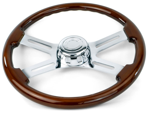 18" Wood Steering Wheel with 4 Chrome Spokes - Semi Truck Interior