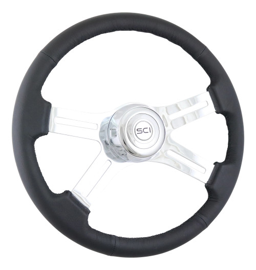 18" Chrome 4-Spoke Steering Wheel - Black Leather Rim Horn Button