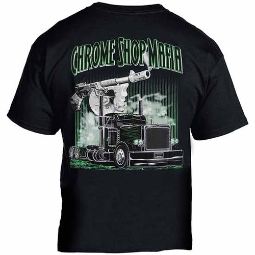 Chrome Shop Mafia Tommy Gun & Peterbilt Day Cab T-Shirt W/ Green Lettering & Flames - Large