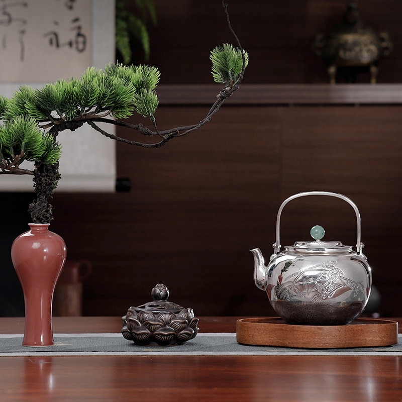 Handmade Pure Silver Kettle Shuang He Xian Rui 938ml - Dragon Tea House