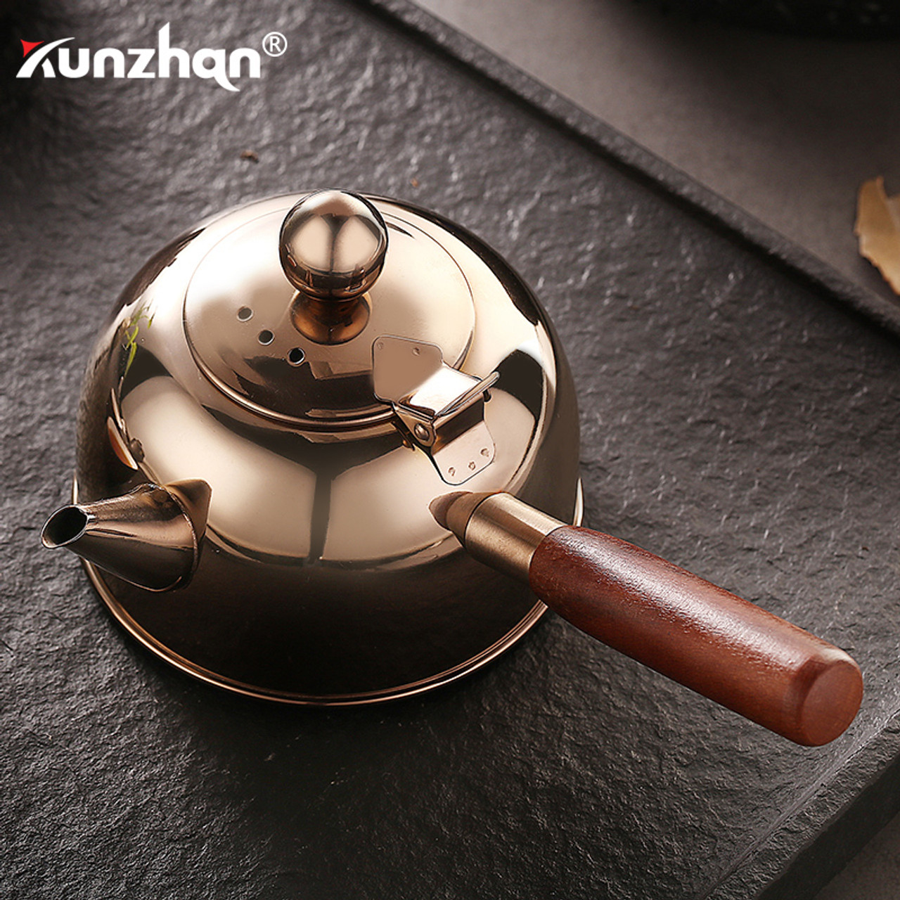 Rose Gold Stainless Steel Small Gongfu Tea Kettle with Wooden Side Handle  500ml