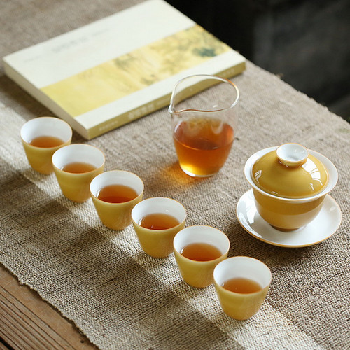 Yellow Glazed Agarwood Dehua White Porcelain Kungfu Tea Teapot And Teacup Set