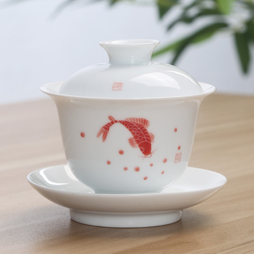 Hand Painted Red Fish Porcelain Gongfu Tea Gaiwan Brewing Vessel 170ml