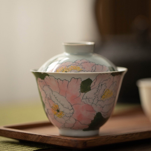 Hand Painted Peony Porcelain Gongfu Tea Gaiwan Brewing Vessel 150ml
