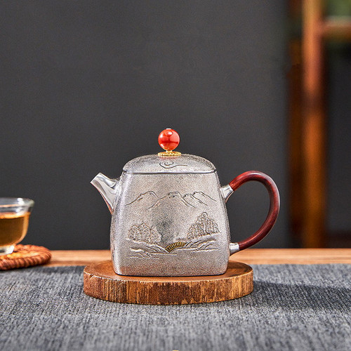 Handmade Pure Silver Teapot Si Fang Shan Shui 200ml