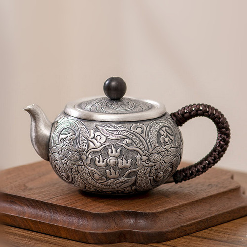 Handmade Pure Silver Teapot Shuang Long Xi Zhu 230ml