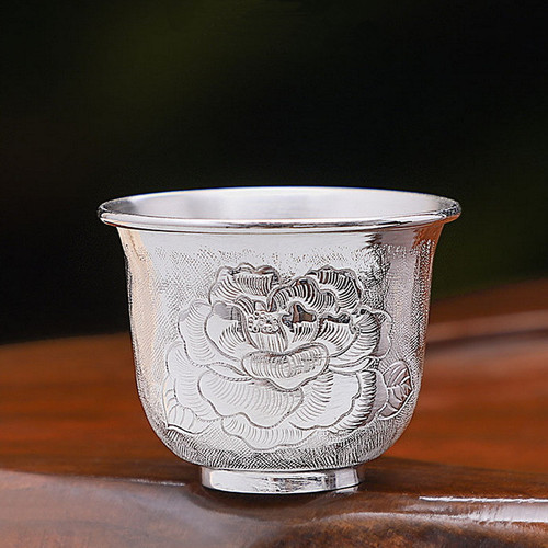 Handmade Pure Silver Teacup Peony 55ml