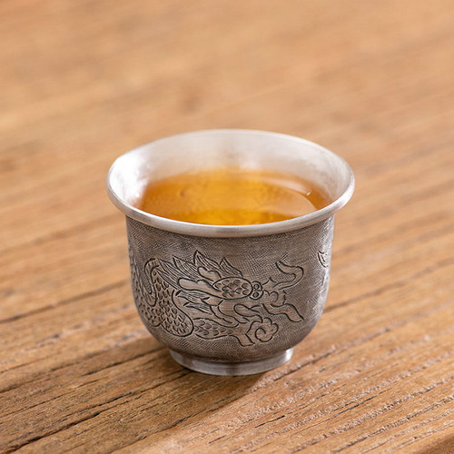 Handmade Pure Silver Teacup Jin Long 55ml