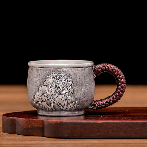 Handmade Pure Silver Teacup Lotus Peony 120ml