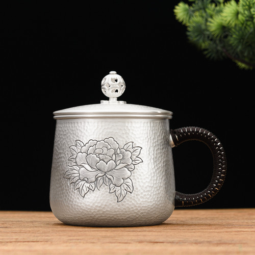 Handmade Pure Silver Tea Mug Hibiscus 320ml