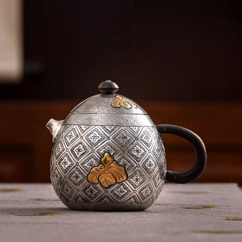 Handmade Pure Silver Teapot Hai Tang Long Dan 188ml
