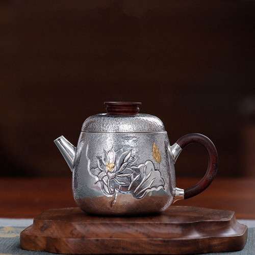 Handmade Pure Silver Teapot Shui Ping He Hua 168ml