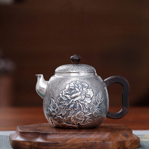 Handmade Pure Silver Teapot Man Yuan Mu Dan 238ml