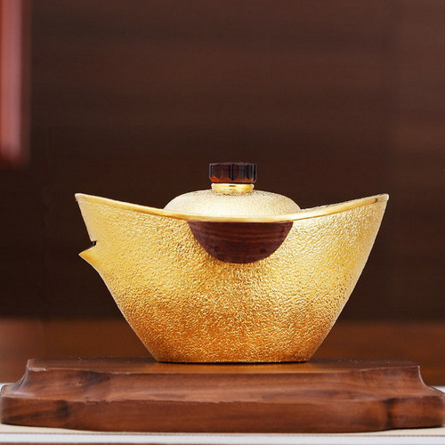 Handmade Pure Silver Teapot Gold Plated Yuan Bao 128ml