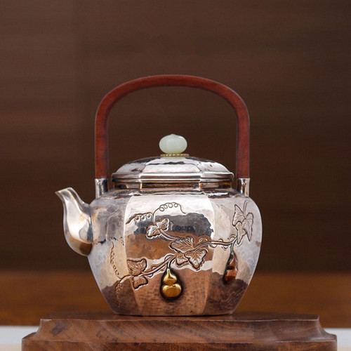 Handmade Pure Silver Teapot Liu Fang Hu Lu 215ml