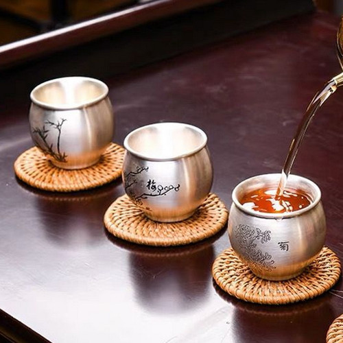 Handmade Pure Silver Teacup Mei Lan Zhu Jv 78ml