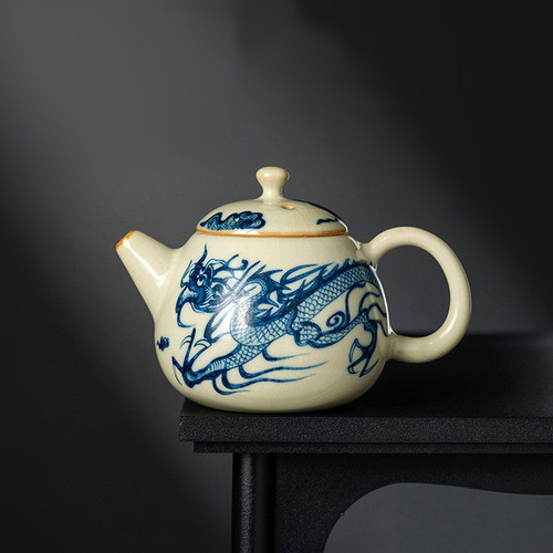 Blue and White Dragon Pattern Ru Kiln Chinese Kung Fu Tea Teapot Long Dan 225ml