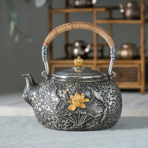 Handmade Pure Silver Kettle Lian Hua Shi Yu 1500ml