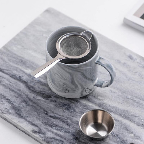 Stainless Steel Long Handled Tea Strainer with Drip Bowl for Teapot Mug Teacup Silver