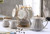 Porcelain Gold Rim Coffee Tea Set Teapot Sugar Bowl Creamer Cups Infuser Holder White