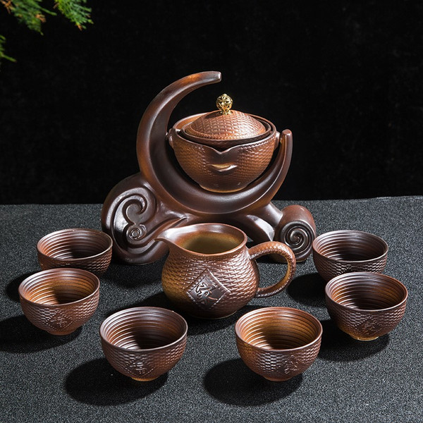 Brown Ceramic Teapot Pitcher & 6 Teacups Dispenser Gongfu Tea Set