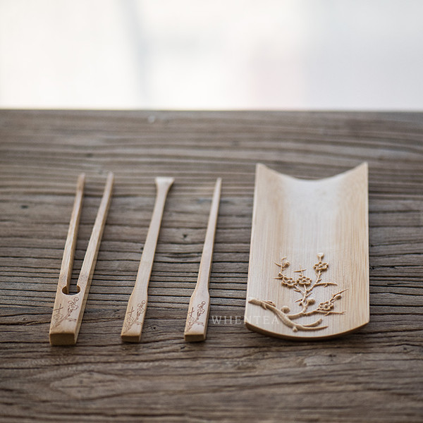 Carved Plum Bamboo Cha He Tea Presentation Vessel & Scoop Set
