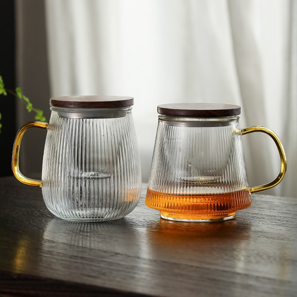 Stripe Wooden Cover Glass Loose Leaf Tea Mug with Infuser