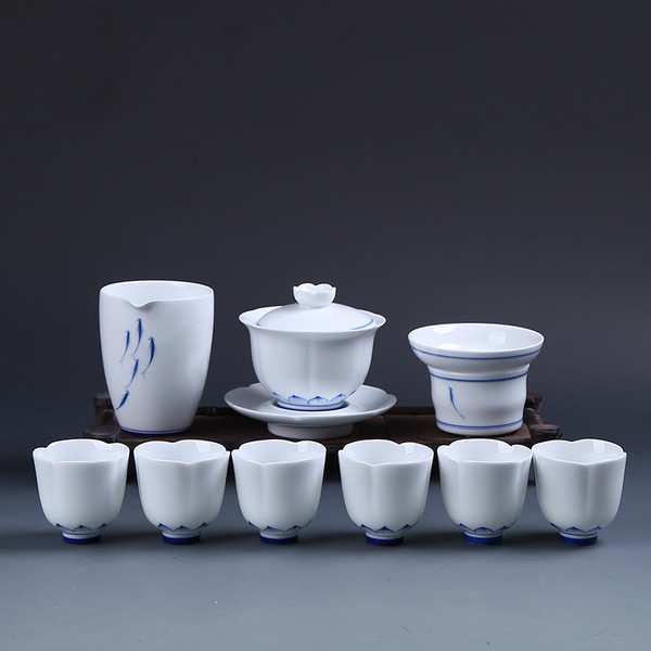 Hand Painted Qinghua Dehua White Porcelain Kungfu Tea Teapot And Teacup Set