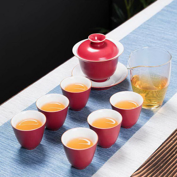 Yu Jian Red Agarwood Porcelain Kungfu Tea Teapot And Teacup Set
