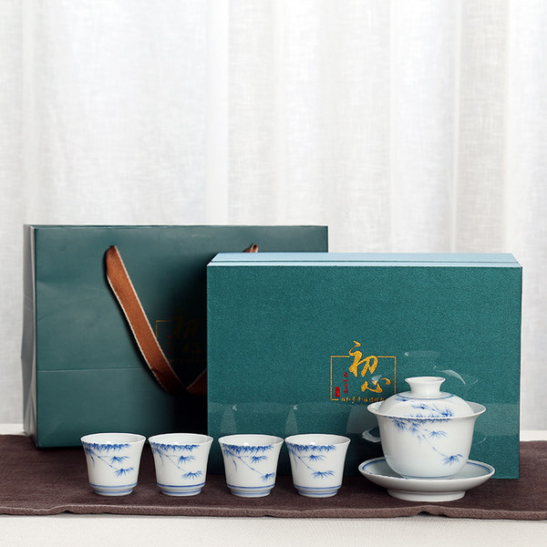 Hand Painted Green Bamboo Porcelain Kungfu Tea Teapot And Teacup Set