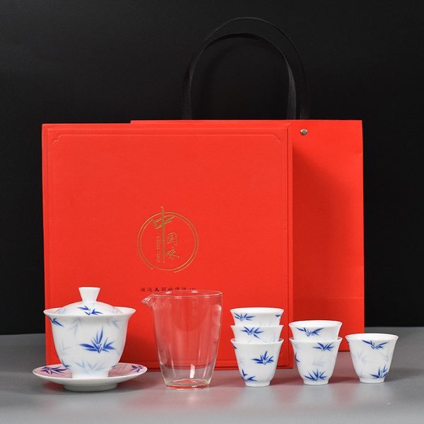 Hand Painted Bamboo Porcelain Kungfu Tea Teapot And Teacup Set
