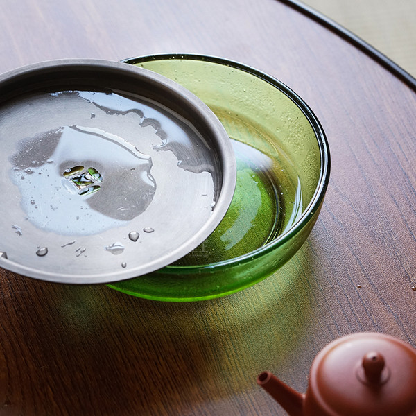 Green Liu Li Glass Cha Xi Gongfu Tea Ceremony Water Bowl for Teacups