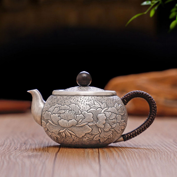 Handmade Pure Silver Teapot Peony 230ml