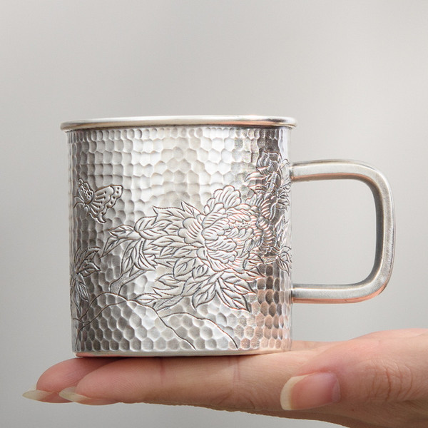 Handmade Pure Silver Tea Mug Peony 170ml