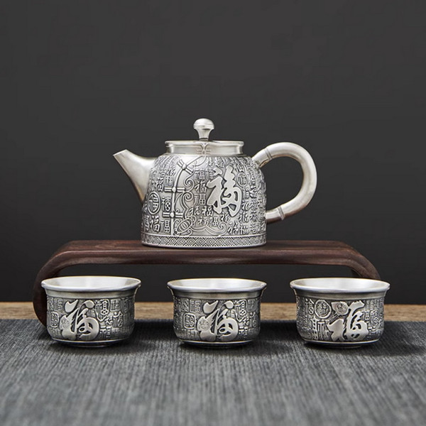 Handmade Pure Silver Tea Teapot And Teacup Set Tang Zhuang Bai Fu