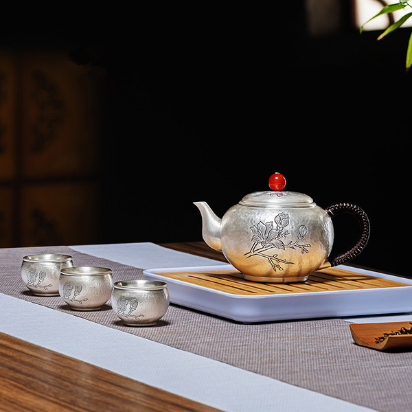 Handmade Pure Silver Tea Teapot And Teacup Set Yu Lan Tu Rui