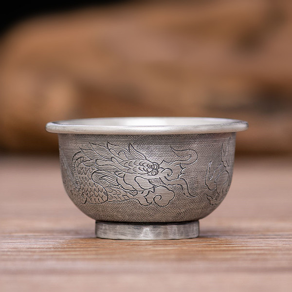 Handmade Pure Silver Teacup Jiu Long 30ml