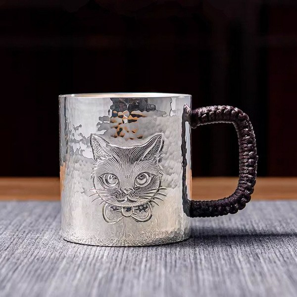 Handmade Pure Silver Tea Mug Cute Cat 180ml