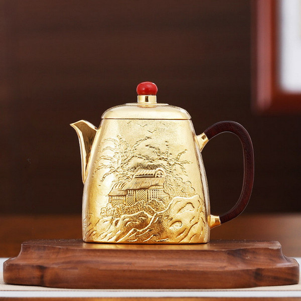 Handmade Pure Silver Teapot Gold Plated Shan Shui Si Fang 208ml