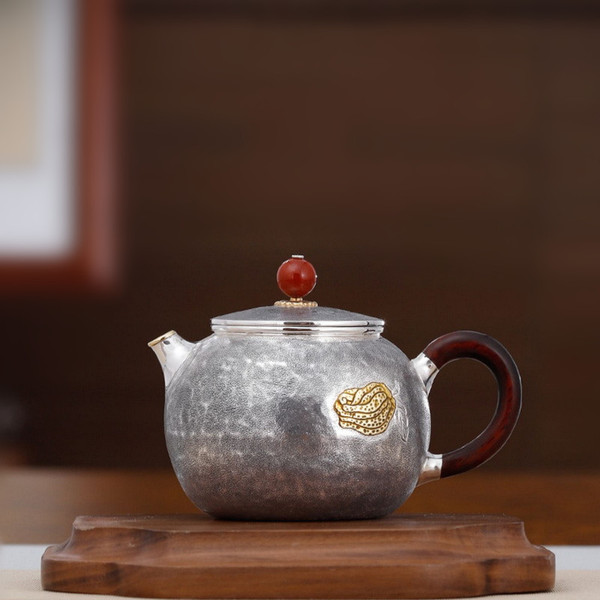 Handmade Pure Silver Teapot Fo Shou Xi Shi 208ml