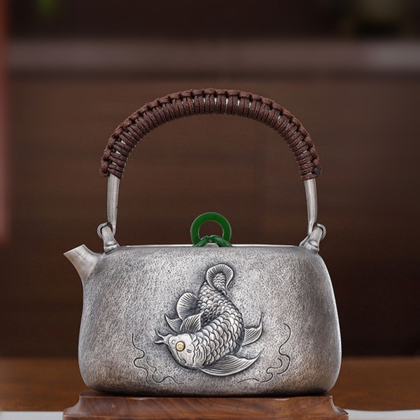 Handmade Pure Silver Kettle Hua Yu Wei Long 928ml