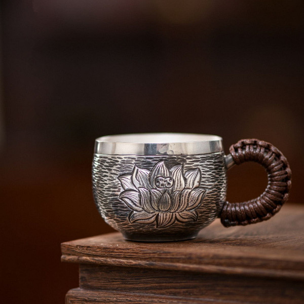 Handmade Pure Silver Teacup Bu Bu Lian Hua 88ml