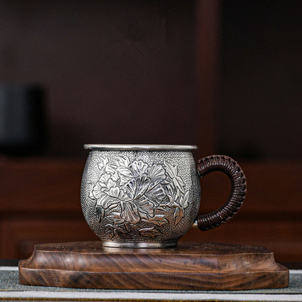 Handmade Pure Silver Teacup Ji Xiang Mu Dan 145ml