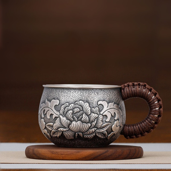 Handmade Pure Silver Teacup Mu Dan Ba Bei 158ml