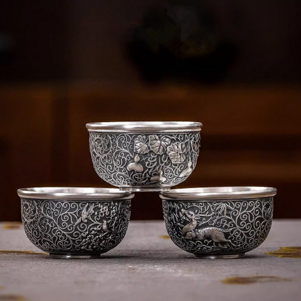 Handmade Pure Silver Teacup Hua Si 48ml